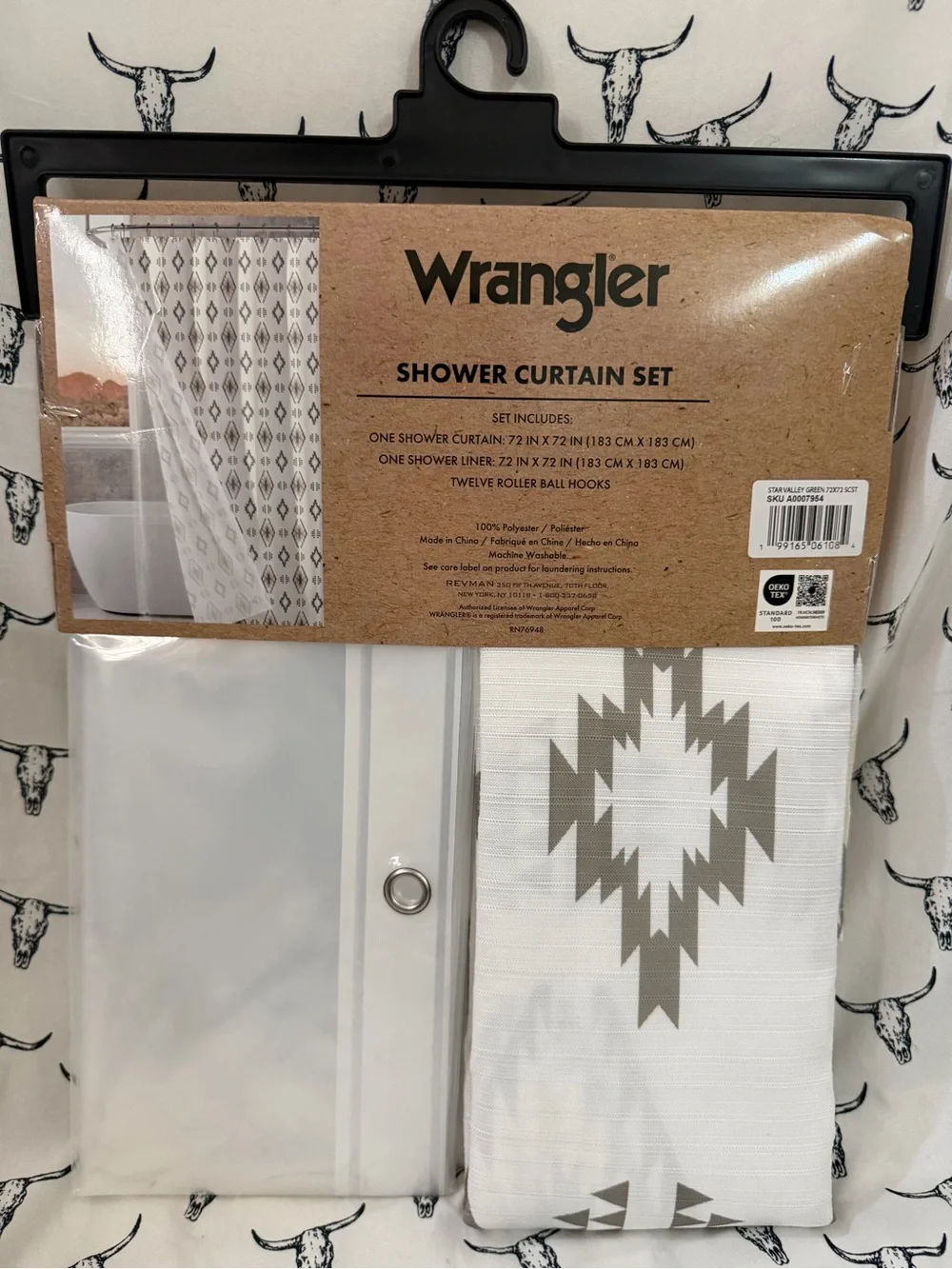 Wrangler White Shower Curtain Set with Teal Roller Hooks